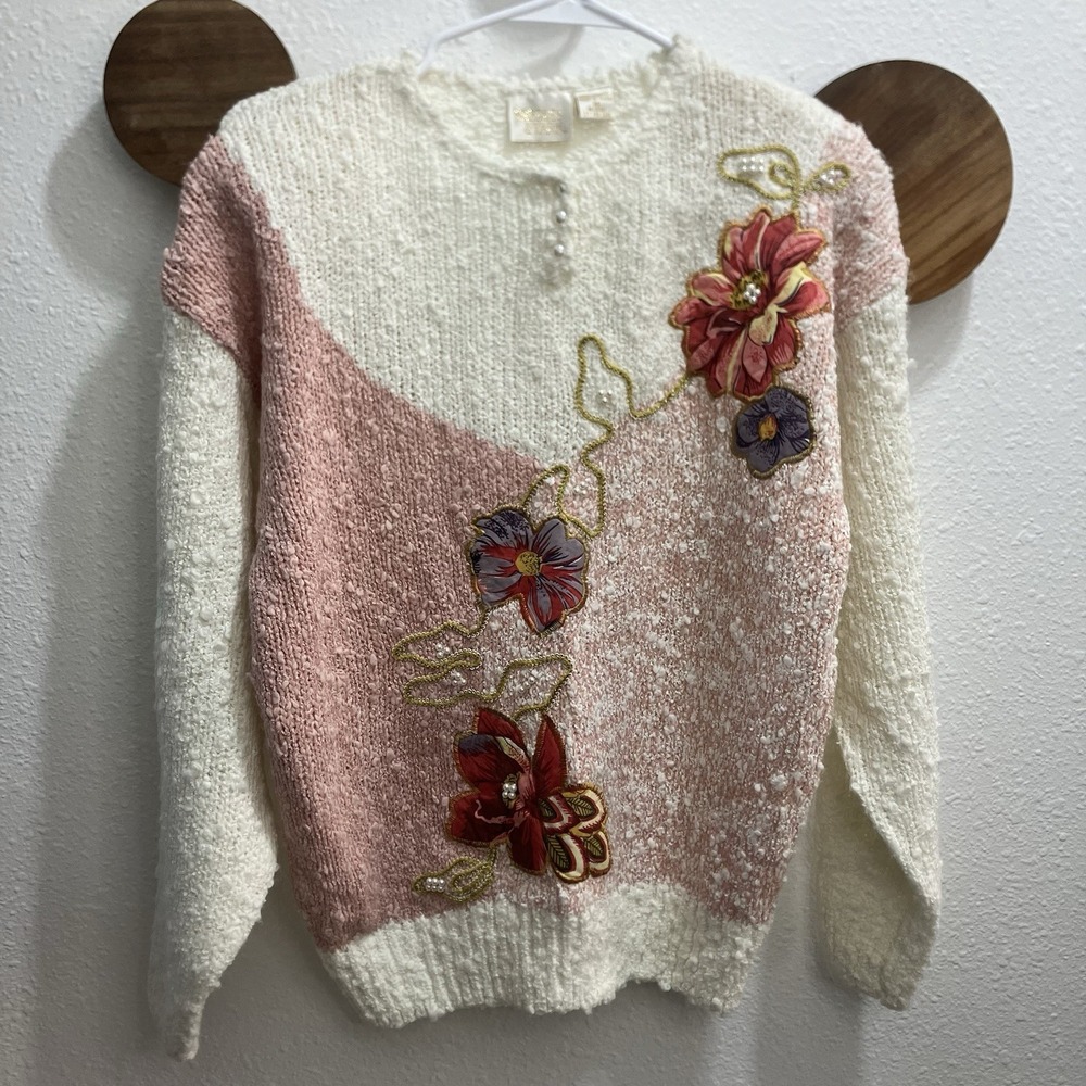 VTG Needles & Yarn Cottagecore Sweater‎ Womens Medium Floral Embroidered